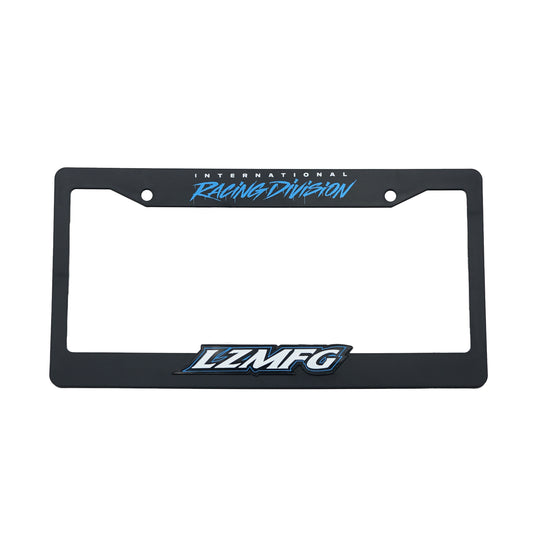 LZMFG License Plate Cover in blue with International Racing Division branding.
