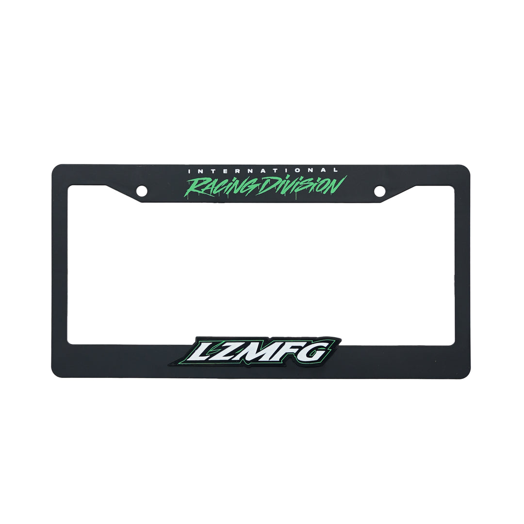 LZMFG License Plate Cover in green with International Racing Division branding.
