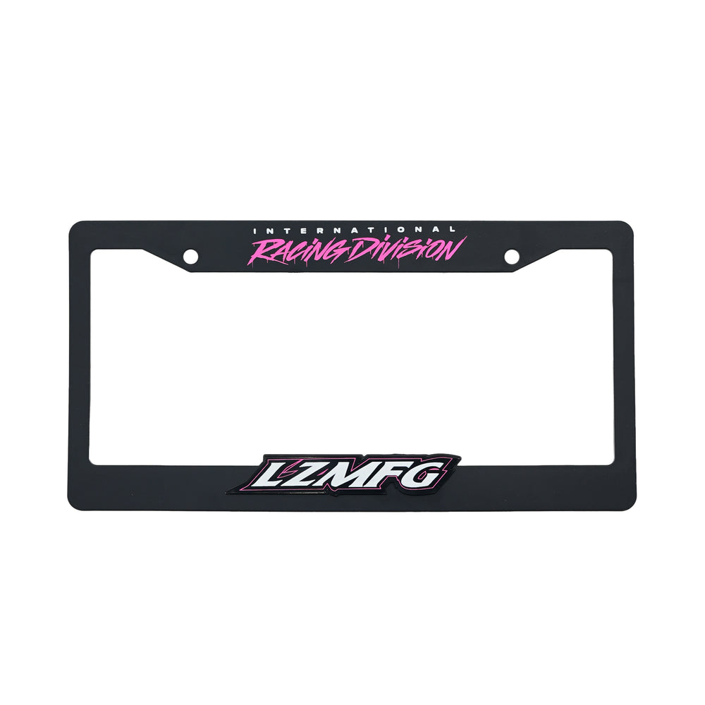 LZMFG License Plate Cover in pink with International Racing Division branding.
