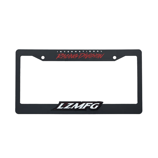 LZMFG License Plate Cover in red with International Racing Division branding.
