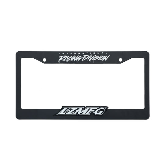 LZMFG License Plate Cover in white with International Racing Division branding.
