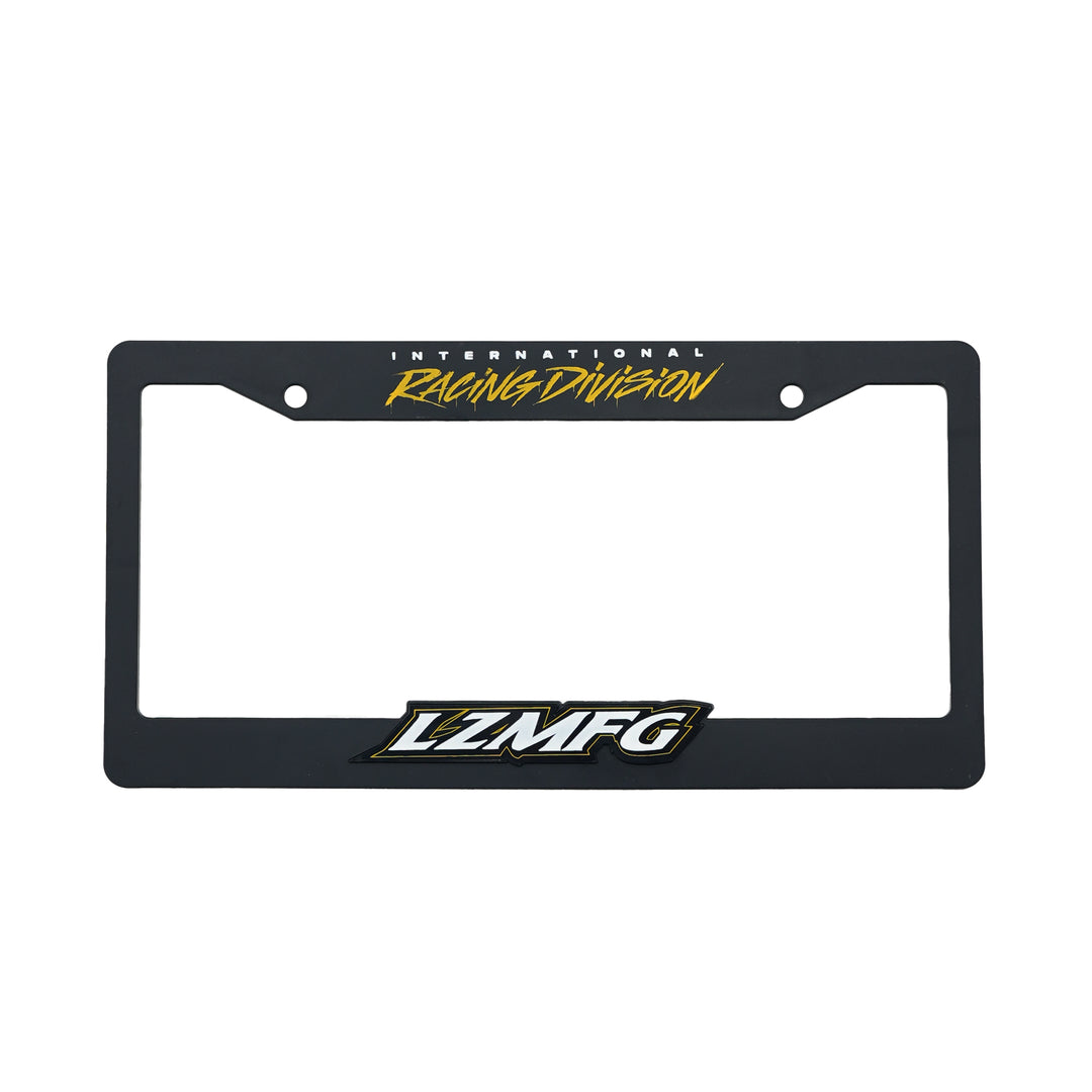 LZMFG License Plate Cover in yellow with International Racing Division branding.
