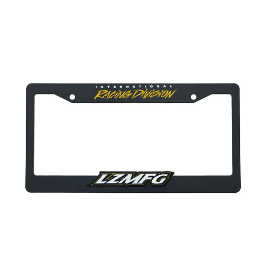 LZMFG License Plate Cover in yellow with International Racing Division branding.
