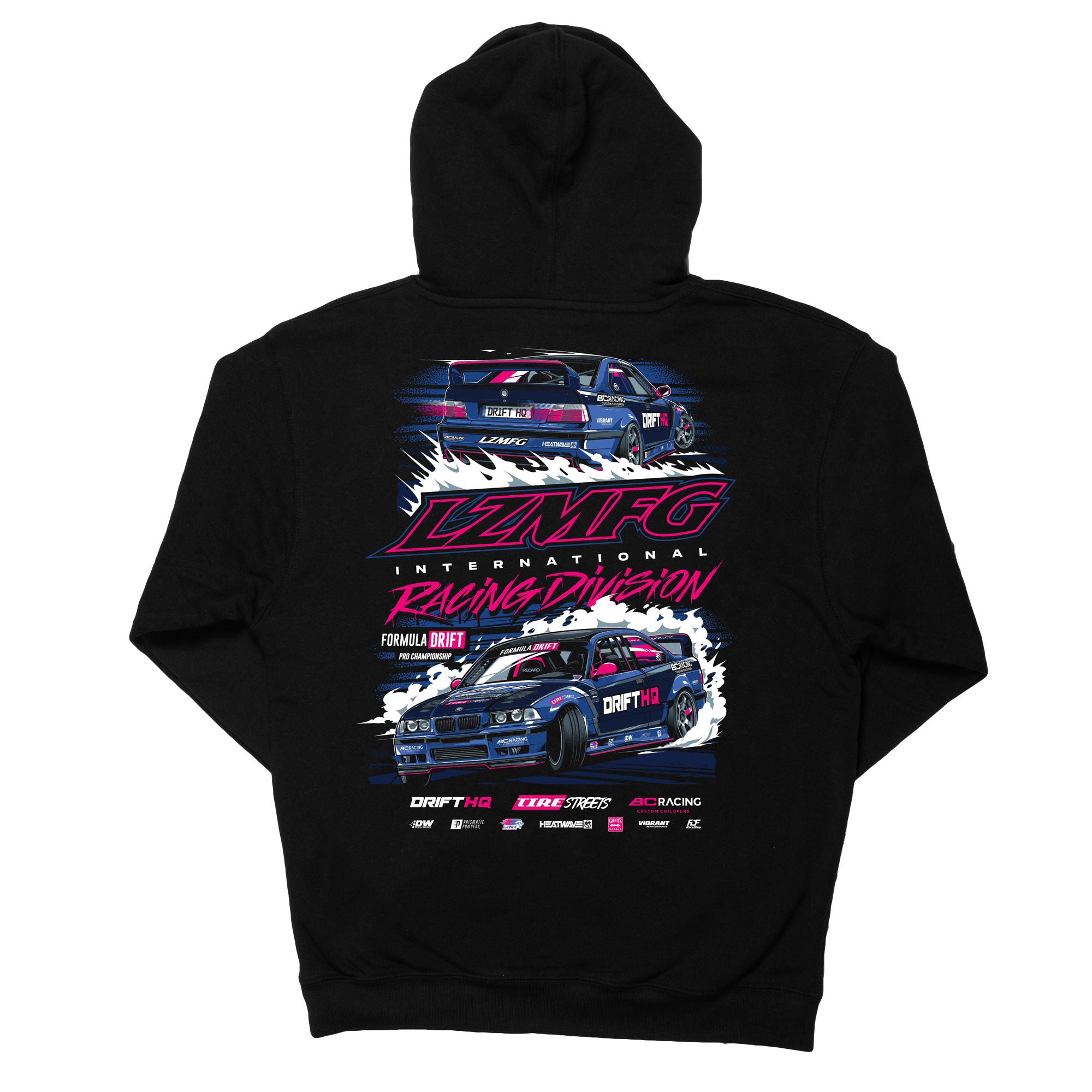 LZMFG 2024 E36 Team Hoodie featuring a BMW E36 design with front, back, and sleeve prints on a black heavyweight hoodie