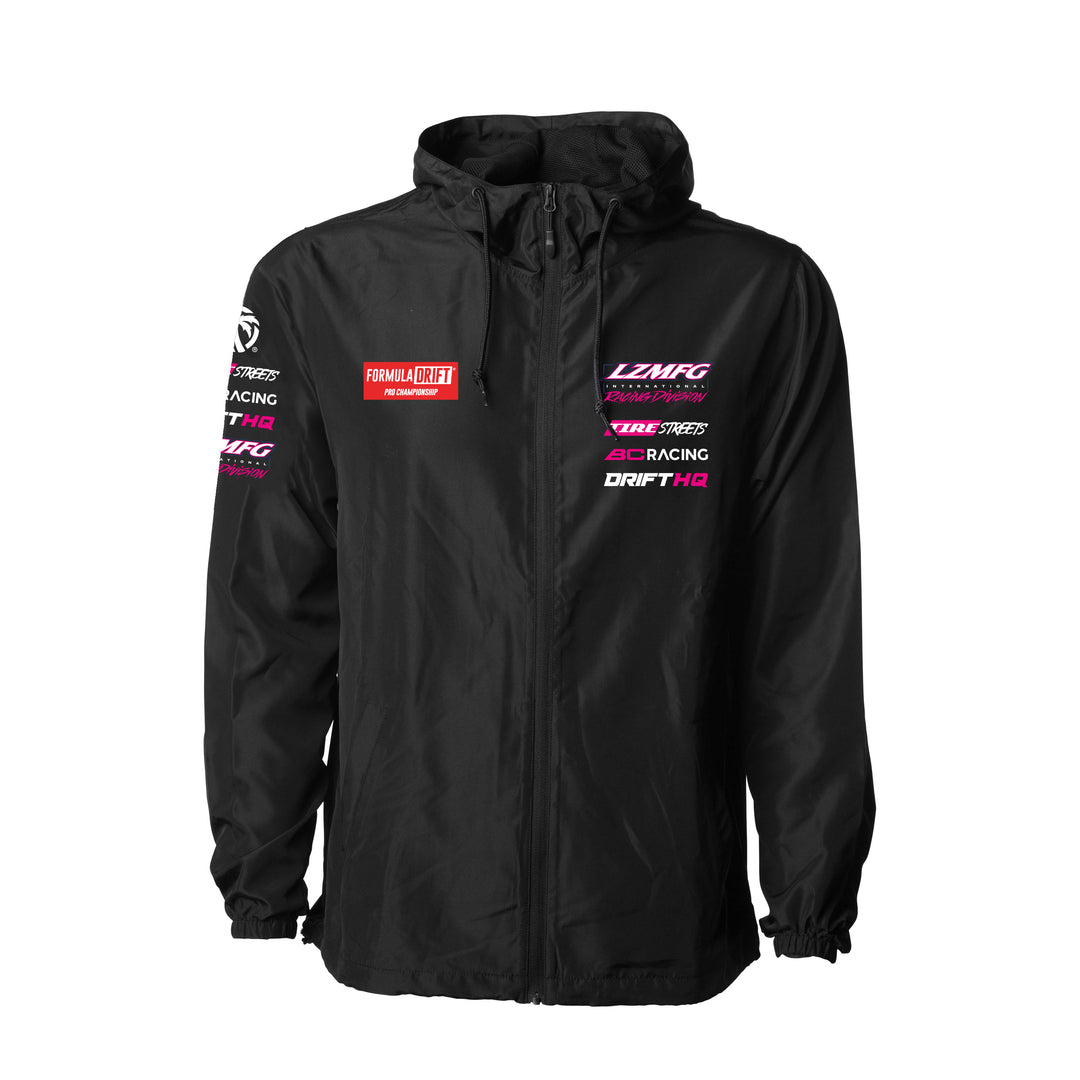 LZMFG 2024 Team Windbreaker featuring Formula Drift sponsor logos, water-resistant design with front zipper, and mesh lining in black