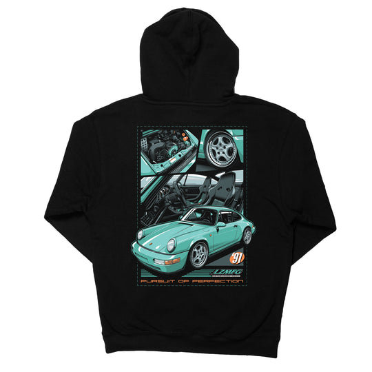 LZMFG 964 Hoodie featuring Porsche 964 design with front, back, and sleeve prints on a black heavyweight hoodie