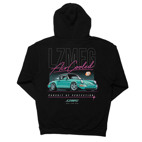 LZMFG Air Cooled Hoodie featuring Porsche 964 design with front, back, and sleeve prints on a black heavyweight hoodie, perfect for Adam LZ fans