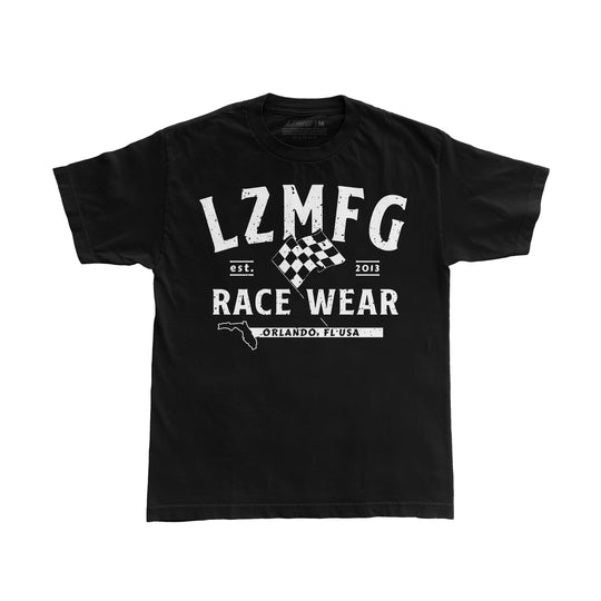 LZMFG Classic Race Tee in black, featuring a bold race-inspired design with LZMFG branding and Orlando, FL, USA details.