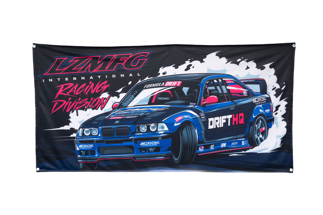 LZMFG E36 Banner featuring the Formula Drift E36 with bold Racing Division and LZMFG branding on a 3x6' polyester fabric.