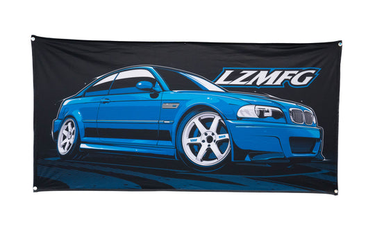 LZMFG E46 Banner featuring a blue BMW E46 with LZMFG branding on a 3x6' polyester fabric.