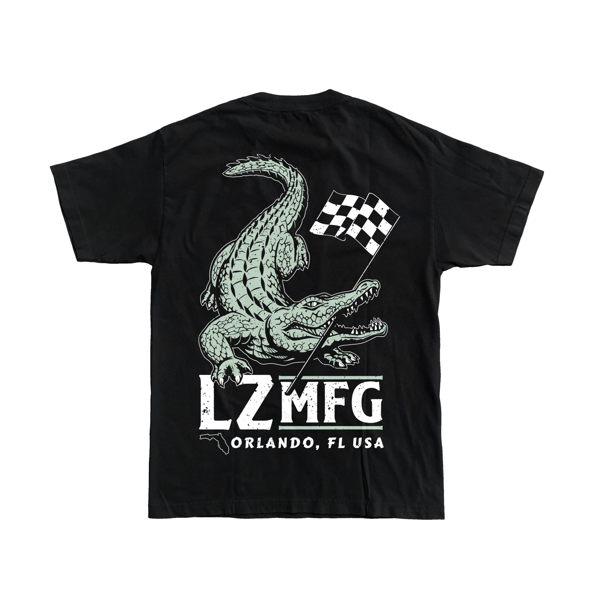 LZMFG Marsh Tee featuring a bold graphic of a Florida alligator holding a checkered flag, with LZMFG and Orlando, FL USA branding on a black t-shirt.