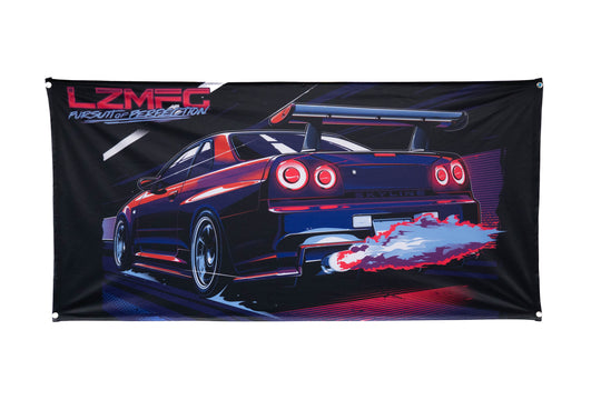 LZMFG R34 Banner featuring a detailed graphic of the Nissan R34 Skyline with LZMFG branding on a 3x6' polyester fabric.