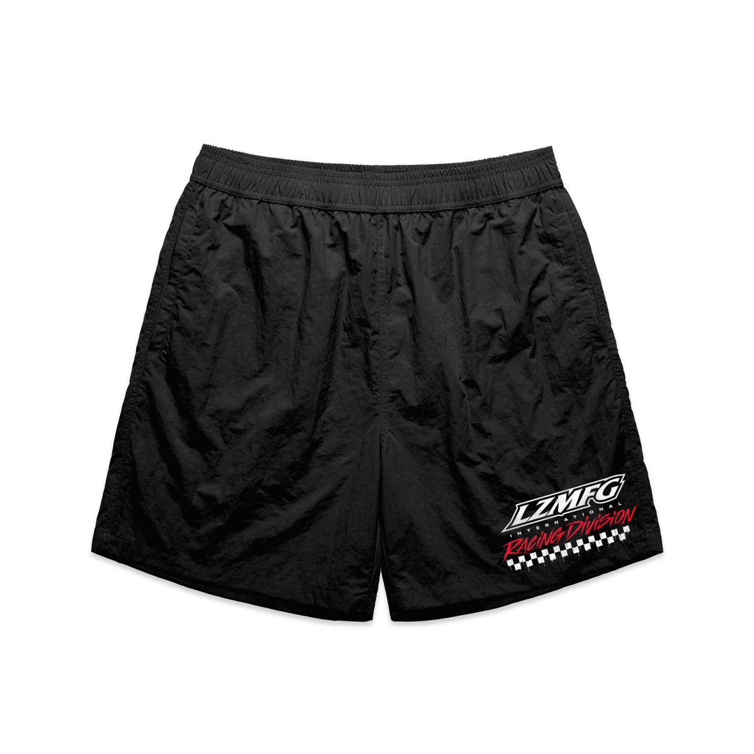 LZMFG Racing Division Swim Shorts in black featuring logo and racing-themed design on lightweight material