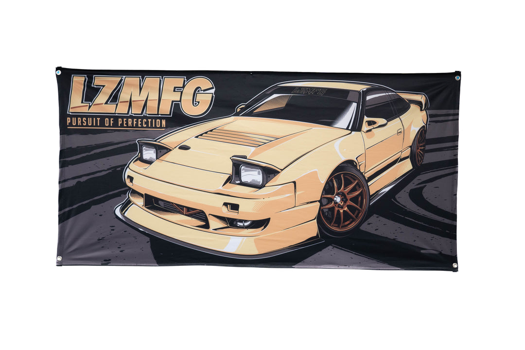 LZMFG S13 Banner featuring Adam LZ's iconic cream S13 with LZMFG branding on a 3x6' polyester fabric.