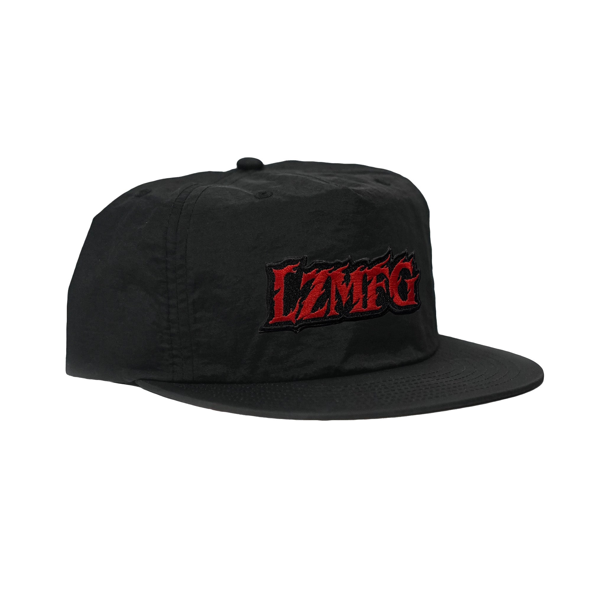 LZMFG Up In Flames Snapback featuring embroidered flame logo on a black 6-panel design with snapback adjustment