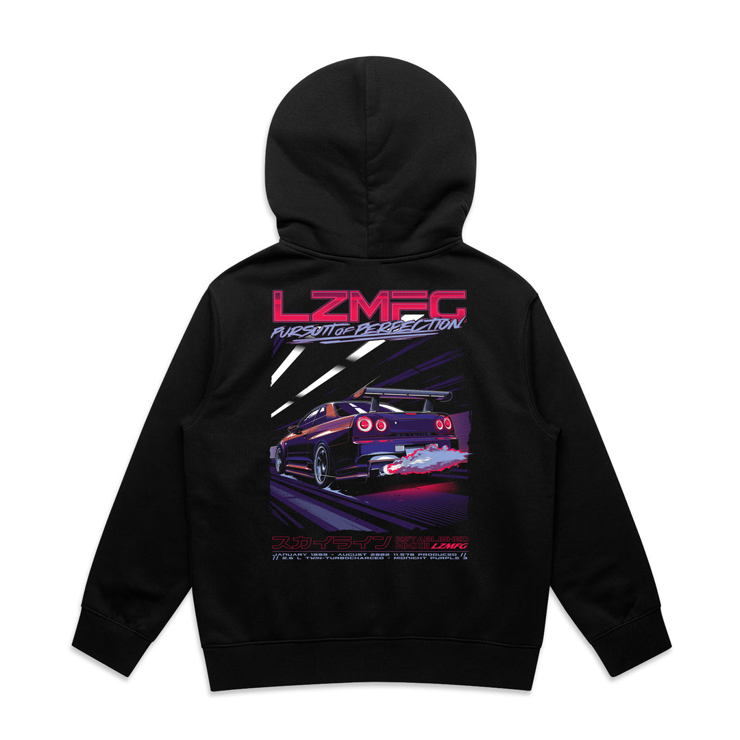 LZMFG Youth Midnight v2 Hoodie featuring an R34 Nissan Skyline design with front, back, and sleeve prints on a black heavyweight hoodie

