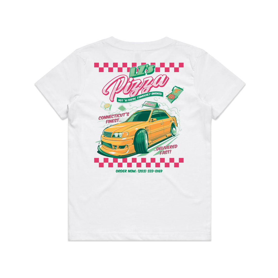 LZMFG Youth Pizza Tee featuring a JZX 100 Chaser pizza delivery car design with front and back prints on a white 100% cotton t-shirt