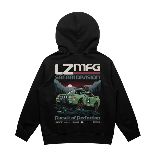 LZMFG Youth Safari Division Hoodie featuring Adam LZ rally car design in black with front and back prints