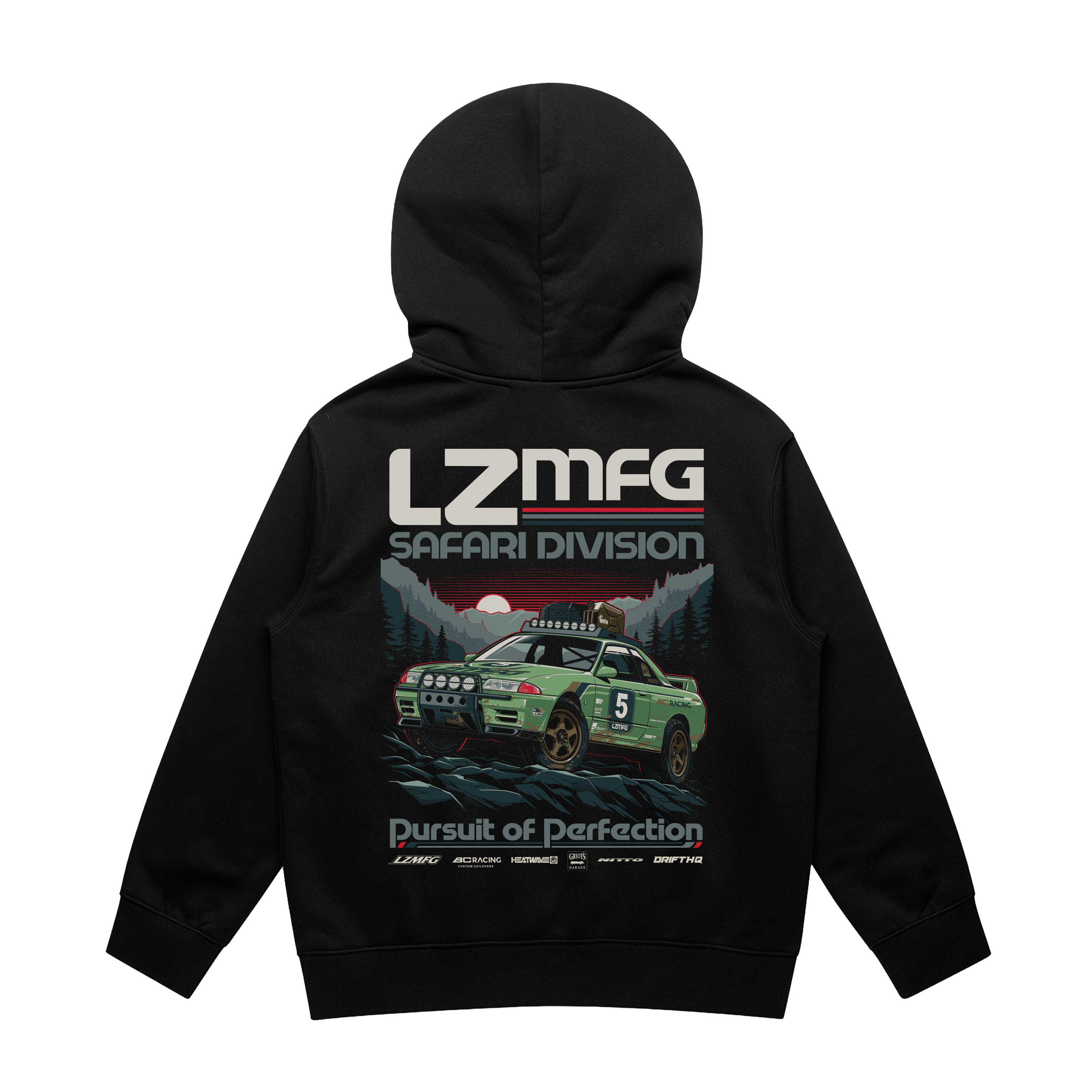 LZMFG Youth Safari Division Hoodie featuring Adam LZ rally car design in black with front and back prints