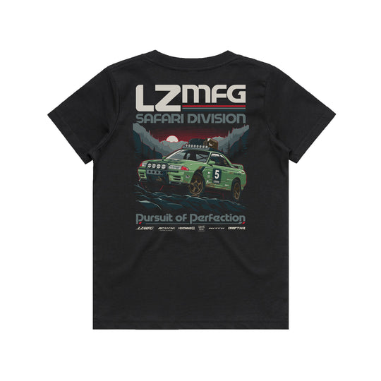 LZMFG Youth Safari Division Tee featuring the Safari Nissan R32 GT-R with front and back prints on a black 100% cotton t-shirt