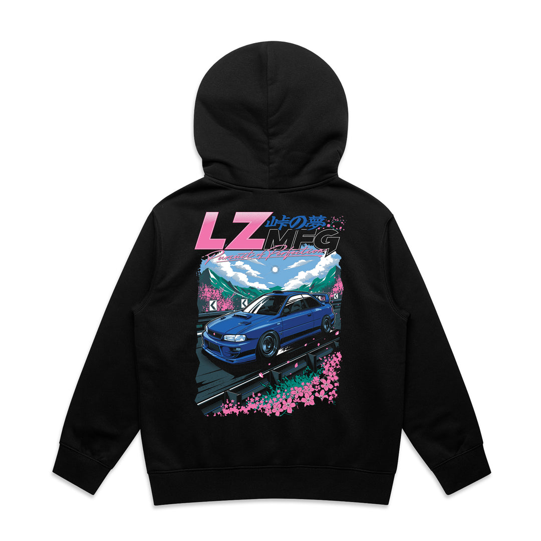 LZMFG Youth Touge Dreams Hoodie featuring a Subaru Impreza design with front and back prints on a black 80% cotton and 20% polyester hoodie