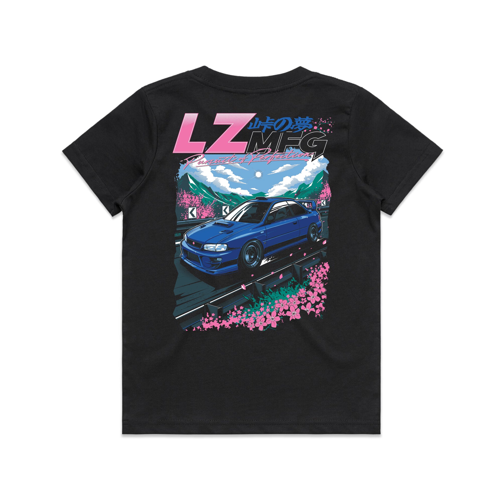 LZMFG Youth Touge Dreams Tee featuring Subaru Impreza design with front and back prints on a black 100% cotton t-shirt